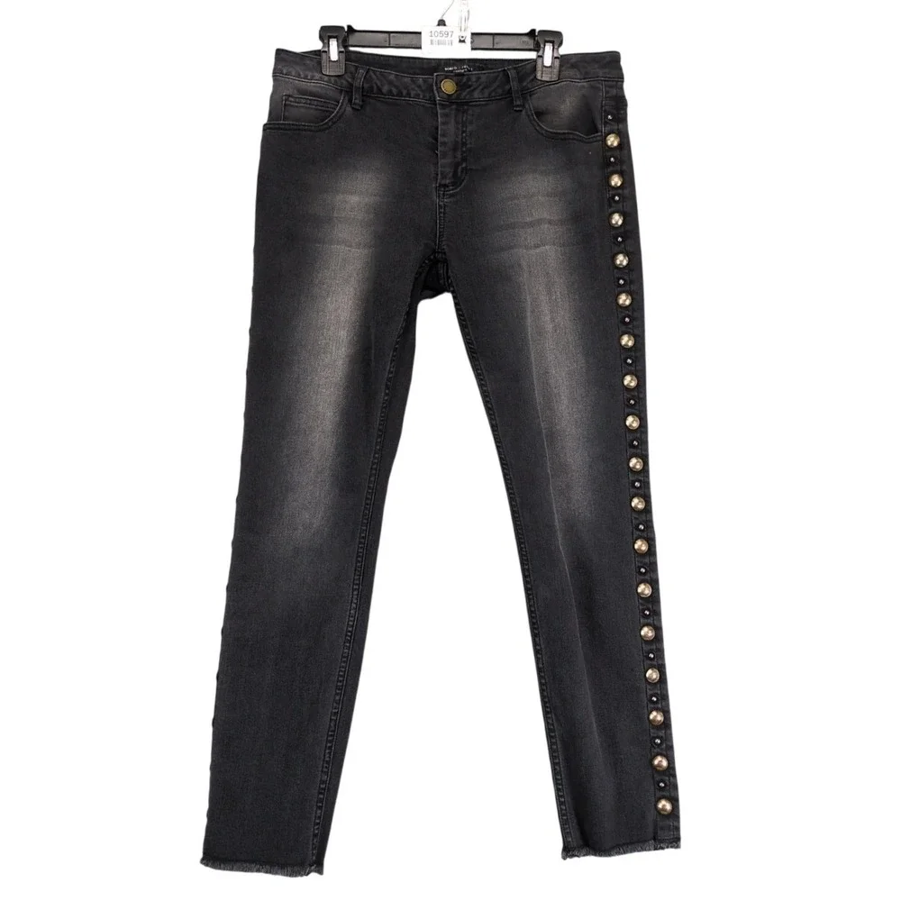 Romeo & Juliet Couture Black Skinny Jeans Womens L 33x28 Studded Raw Hem Rocker‎